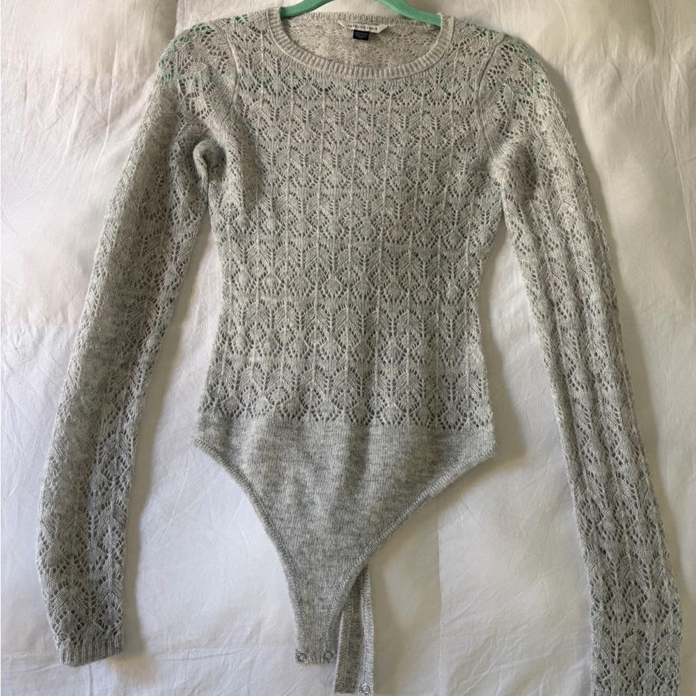 American Eagle Outfitters Light Gray Lace Knit Long-Sleeve Bodysuit